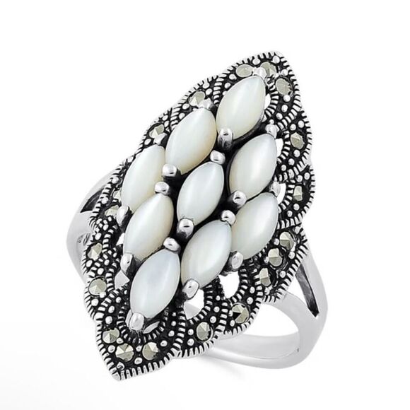 No Brand Jewelry - Sterling Silver Mother of Pearl Marquise Marcasite Ring New